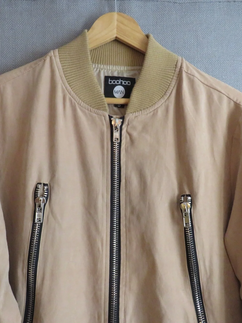 boohoo Long Bomber Jacket in Beige